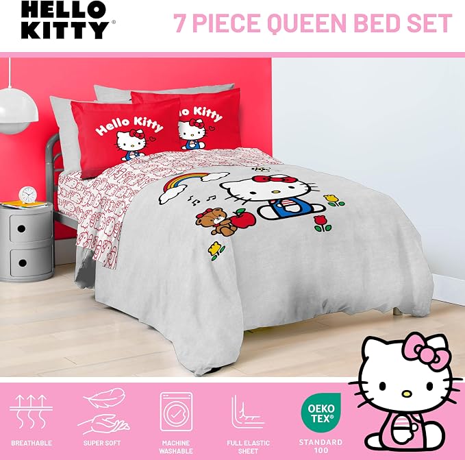 Sanrio Hello Kitty Queen Comforter Set 7 Piece Bedding for Girls, Grey | Bed in a Bag, Comforter Sheets Shams Pillowcases, Official Product, Soft Microfiber, Machine Washable, Girls Gift