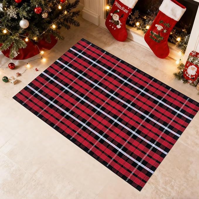 USTIDE Buffalo Plaid Rug 2'x3' Red & White Check Front Doormat Checkered Layering Floor Mat for Hello/Welcome Hand Woven Cotton Rug for Front Door Porch Kitchen
