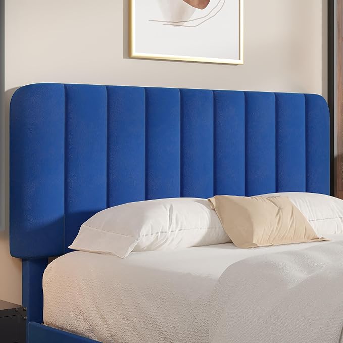 VECELO Queen Size Bed Frame with Upholstered Headboard, Velvet Platform Bedframe Mattress Foundation, Strong Wood Slat Support, No Box Spring Needed,Blue