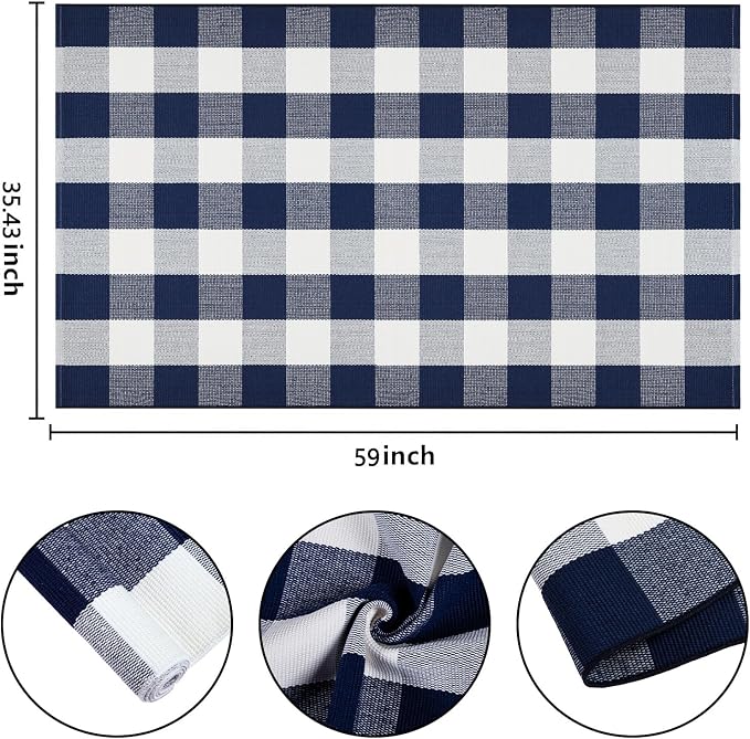 Outdoor Rug 3'x5'Blue and White Buffalo Checkered Rug Cotton Woven Machine Washable Farmhouse Front Porch Rug Door Mat Outdoor for Entryway,Patio,Bedroom,Hello Welcome Mat