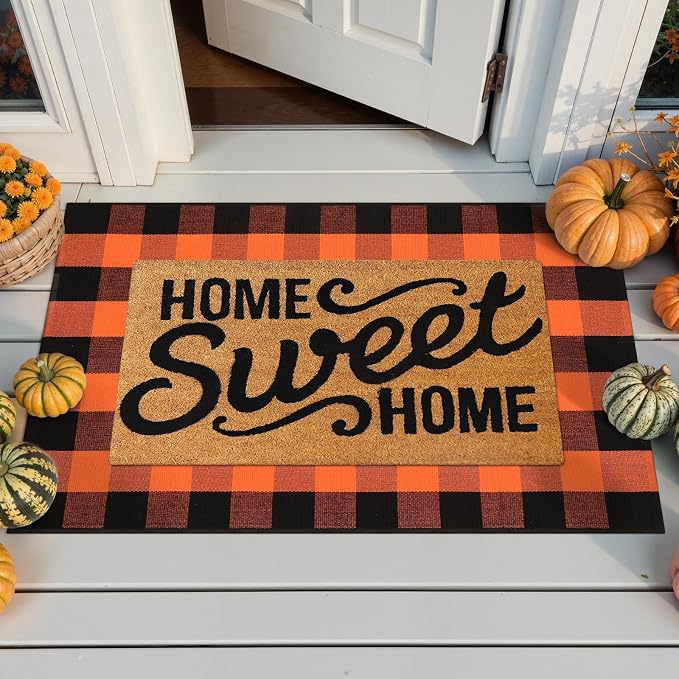 Collive 3x5 Buffalo Plaid Checkered Outdoor Rug, Black and Orange Halloween Fall Decor Door Mat, Washable Front Doormat Outside Entrance, Layered Welcome Mat Porch Cotton are Rugs for Entryway Patio