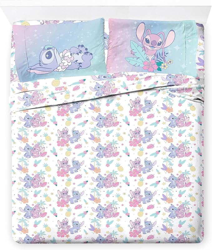 Jay Franco Disney Lilo & Stitch Full Size Sheet Set - 4 Piece Kids Bedding | Super Soft Brushed Microfiber, Deep Pocket, Machine Washable, White Angel Floral Design (Officially Licensed)