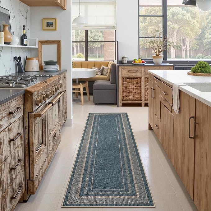 GarveeHome 2x6 Runner Rug for Hallway Modern Solid Washable Kitchen Rugs | Non Slip Modern Neutral Bordered Stain Resistant Indoor Throw Carpet for Nursery Kitchen Dining Room Entryway, Blue