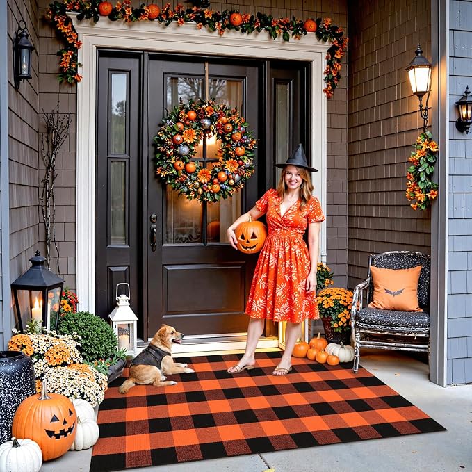 Uphome Bufflo Plaid Outdoor Rug 3'x5', Fall Decor Checkered Front Door Mat, Halloween Indoor Outdoor Porch Rug for Layered Door Mats, Washable Farmhouse Black/Orange Area Rugs for Patio Entryway