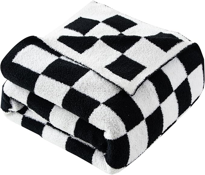 Elegant Comfort Checkered Throw Blanket, Black Super Soft Cozy Fluffy Warm Throw Blankets for Couch, Sofa, Chair, Bed, Camping, Picnic, Travel Lightweight Bed Blanket (50" x 70")