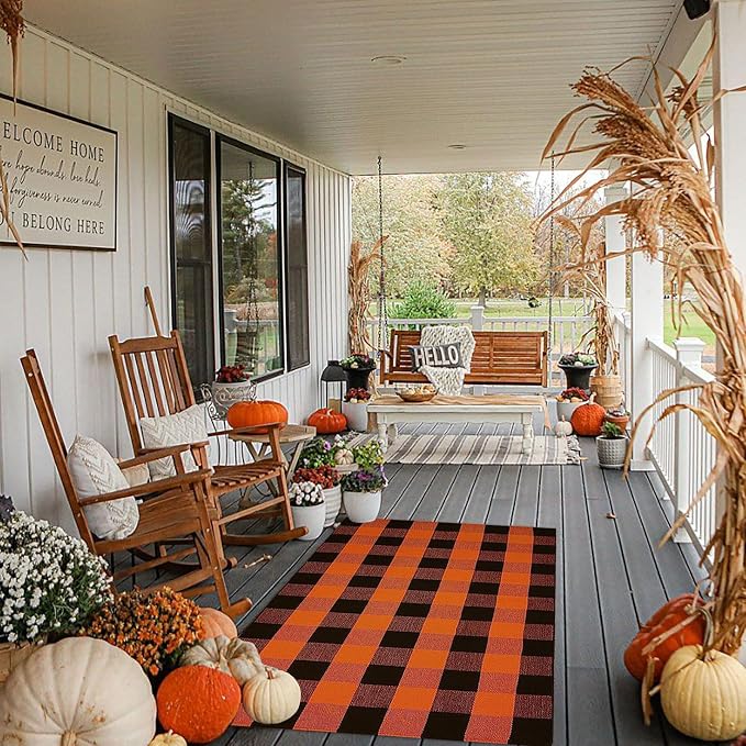 Bottalive Buffalo Plaid Outdoor Rugs, 3'x5' Orange and Black Checkered Indoor/Outdoor Area Rug, Layering Rug for Hello/Welcome Door Mat, Washable Cotton Woven Farmhouse Mat for Fall Front Porch Décor