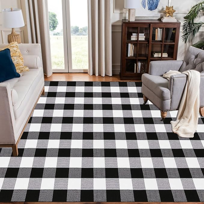 Bottalive Buffalo Plaid Outdoor Rug, 4' x 6' Black and White Check Indoor/Outdoor Area Rugs, Layering Rug for Hello/Welcome Door Mat, Washable Cotton Woven Farmhouse Mat for Fall Front Porch Décor