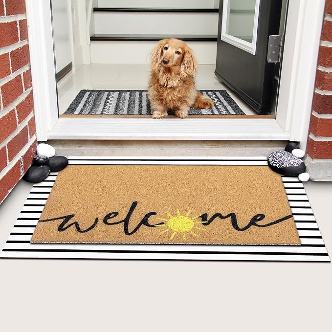 Tinideya 2 Pcs Summer Layered Door Mats Set, Sun Welcome Coir Mats with Stripe Rug for Front Porch Entryway Decor