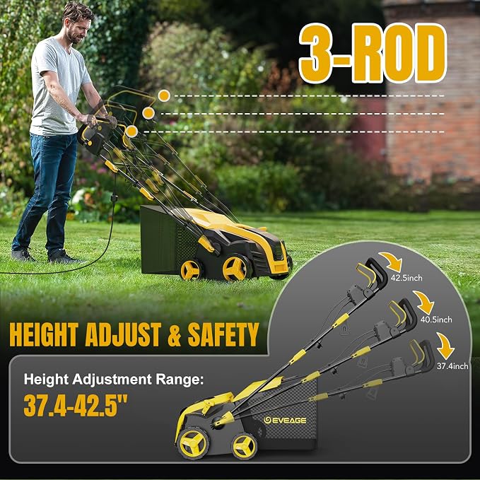 2026 Upgraded Electric Dethatcher Scarifier 16-Inch, EVEAGE 2-in-1 Lawn Dethatcher with 5-Position Depth Adjustment, 14.5-Gallon Collection Bag, Quick-Fold Lawn Scarifier for Healthy Lawn