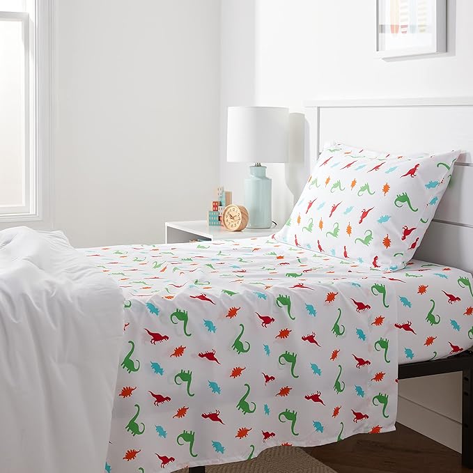 Amazon Basics Kid's Soft, Breathable, Easy-Wash Microfiber 3-Piece Sheet Set with Fitted Sheet, Twin, Multi-Color Dinosaurs, Animal Print