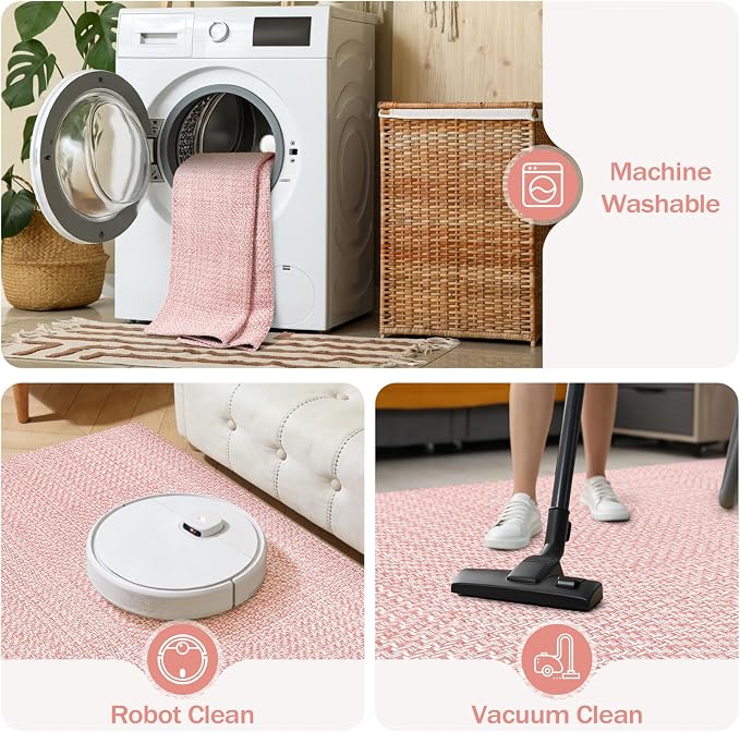Rugalia Pink Woven Indoor Outdoor Doormat, 2x3 Washable Cotton Small Entryway Rug Low Pile Non-Slip Kitchen Rug, Modern Farmhouse Natural Throw Rug for Porch Bathroom Entrance Bedroom