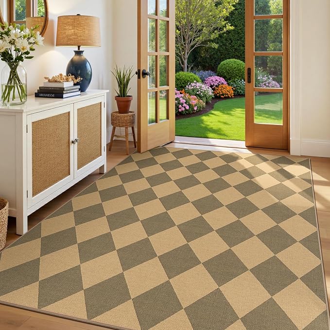 Lessymo Checkered Area Rugs 5x7 for Living Room, Washable Easy Jute Rug | Carpet for Outdoor Patio Backyard Dining Room Bedroom, Non Slip Farmhouse Indoor Mat, Stain Resistant, Diamond Brown/Beige