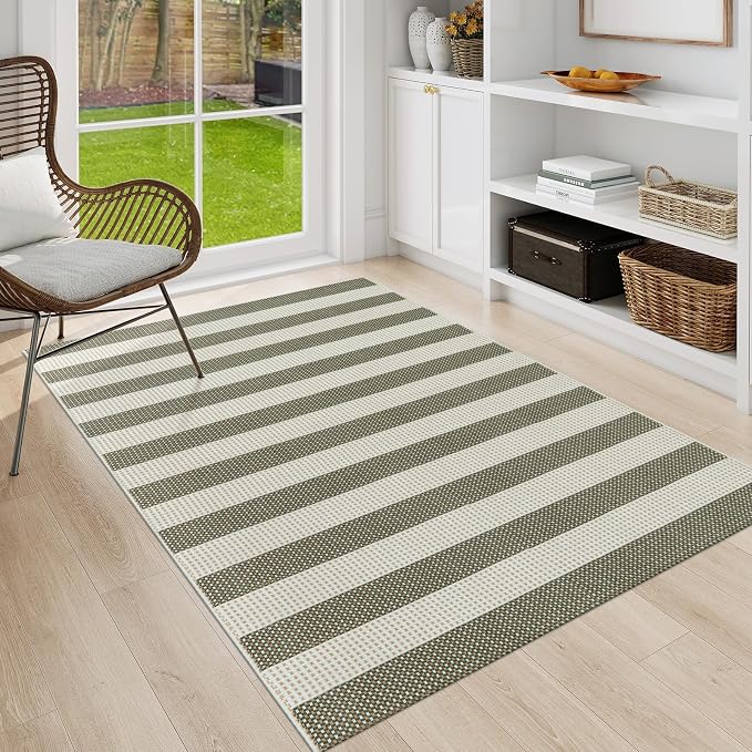 OJIA Striped Outdoor Area Rug 4'x6' Washable Patio Rugs Front Porch Rug | Cotton Woven Outdoor Rug Decor Living Room Rug Farmhouse Indoor Outdoor Rugs Large Floor Carpet for Backyard/Bedroom/Entryway