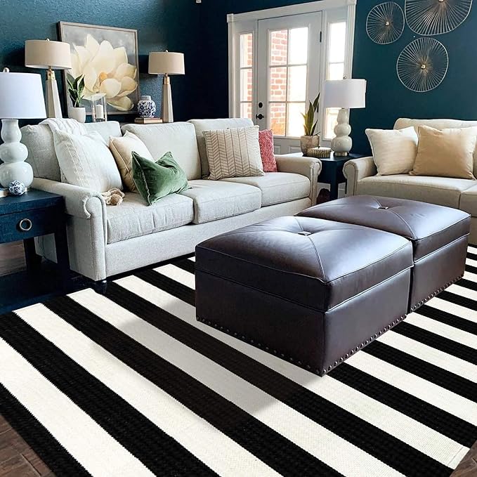 LEEVAN Outdoor Rug 5x7 Black and White Striped Patio Mat, Washable Farmhouse Front Door Decor, Cotton Reversible Balcony Rug, Foldable for Layered Porch