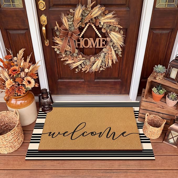 Tinideya 2 Pcs Door Mat Welcome Home Non Slip Coir Mats Floor Layering Black and White Stripes Doormats Seasonal for Front Porch Entryway Decor(23.6 x 35.4 Inches,Western Striped,Brown Black)