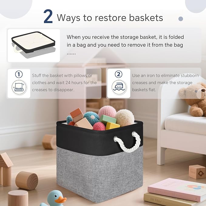 FinishingBo 11 inch Cube Storage Bin with Handles 6 Pack | Foldable Basket, Fabric Storage Bins, Closet Storage, Home Organizer (Black/ Gray)