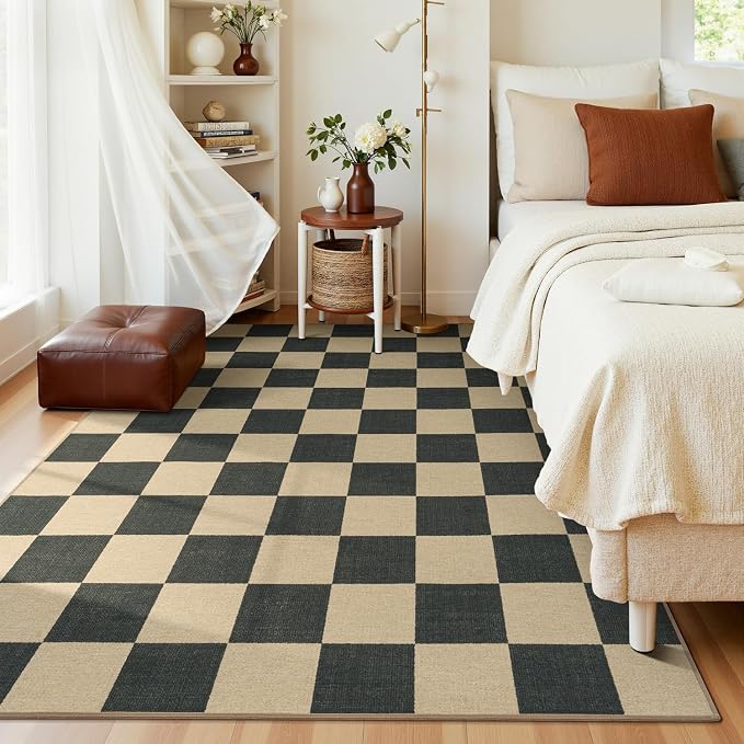 Lessymo Living Room Rugs 5x7 Checkered Washable Easy Jute Outdoor Patio Rug | Non-Slip Carpet for Dining Room Bedroom, Kids & Pets Friendly, Stain Resistant, All Vacuums Compatible, Diamond Black/Beige