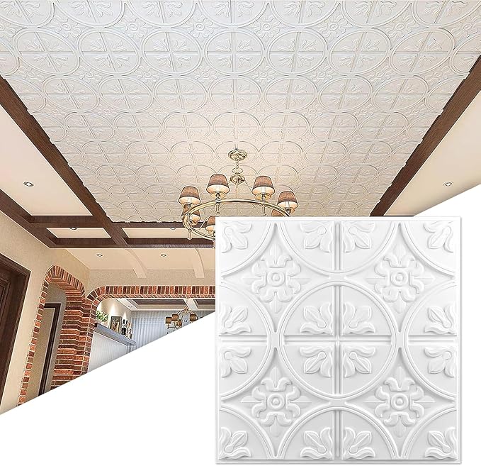 Art3d Drop Ceiling Tiles 24x24in. (12-Pack, 48 Sq.ft), Wainscoting Panels Glue Up 2ft x 2ft, White | PVC, Water Resistant, Shatterproof, Fade-Resistant, Compatible with Grid System, Versatile for Living Room, Bedroom & Office