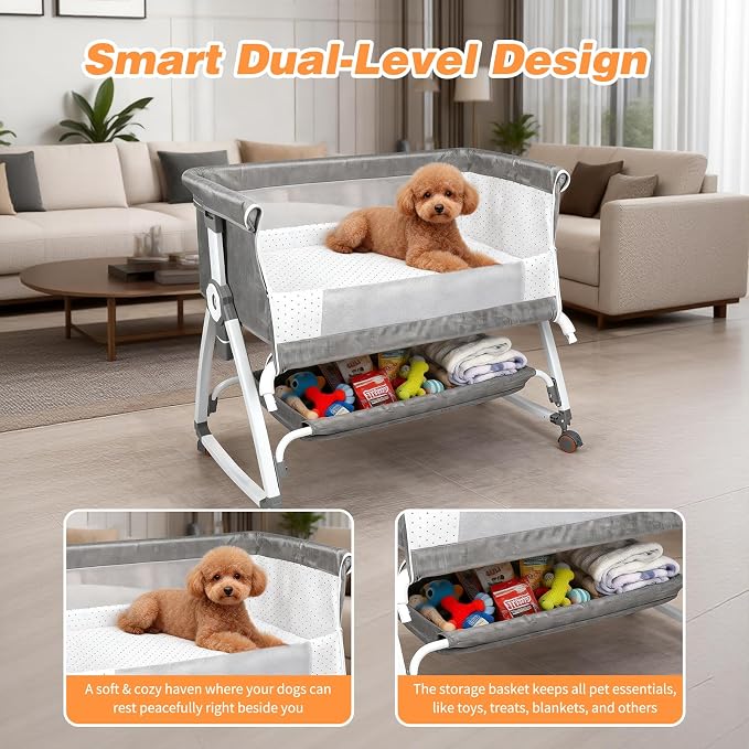 YUEPET Bedside Dog Bed Sleeper, 6-Level Adjustable Pet Bassinet with Lockable Wheels, Removable Washable Cover, Breathable Mesh & Large Storage Extension for Small Medium Dogs Cats (35'' × 21.7''