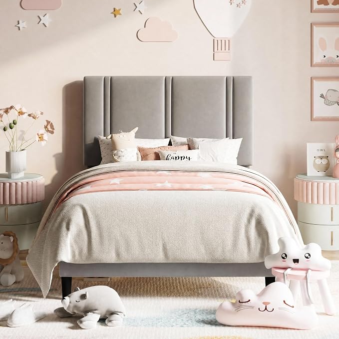 Allewie Twin Size Platform Bed Frame with Adjustable Headboard | Plush Velvet Upholstered, Vertical Channel Tufted, Sturdy Wood Slats, No Box Spring Needed, Easy Assembly, Grey