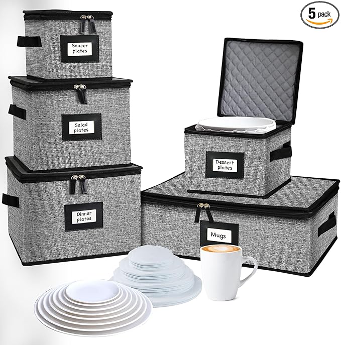 5 PACK China Storage Containers-Quilted Mug Storage and Moving Boxes for Dishes,Dish Packing Supplies for Moving,Dinnerware &Accessories,Holds a total of 48 plates (4 sizes) and 12 cups(Grey) | Holds 48 Plates (4 sizes) and 12 Cups,Dish Packing Supplie...
