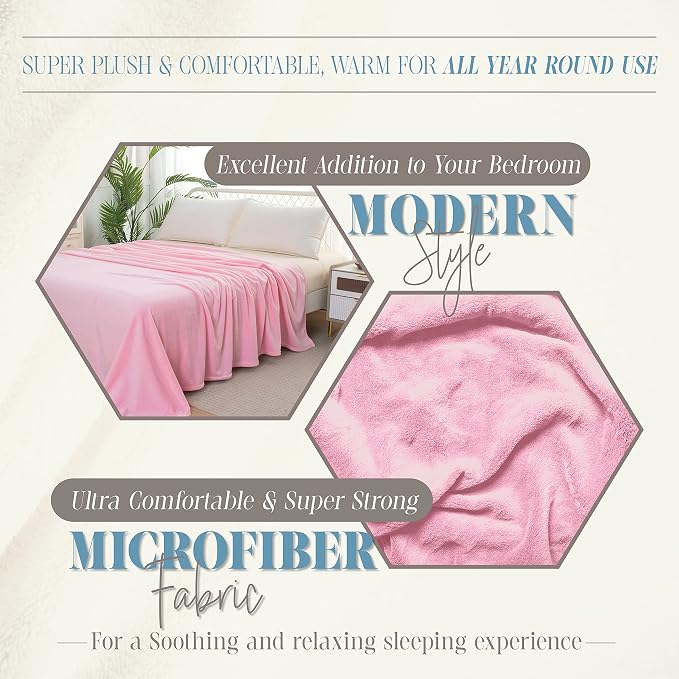 Elegant Comfort Luxury Velvety Feel Blanket, All-Season Lightweight Blanket, Ultra Plush, Soft, Cozy-Fuzzy Flannel Fleece for Couch, Sofa, Bed, Travel, Solid Design, Twin/Twin XL, Light Pink