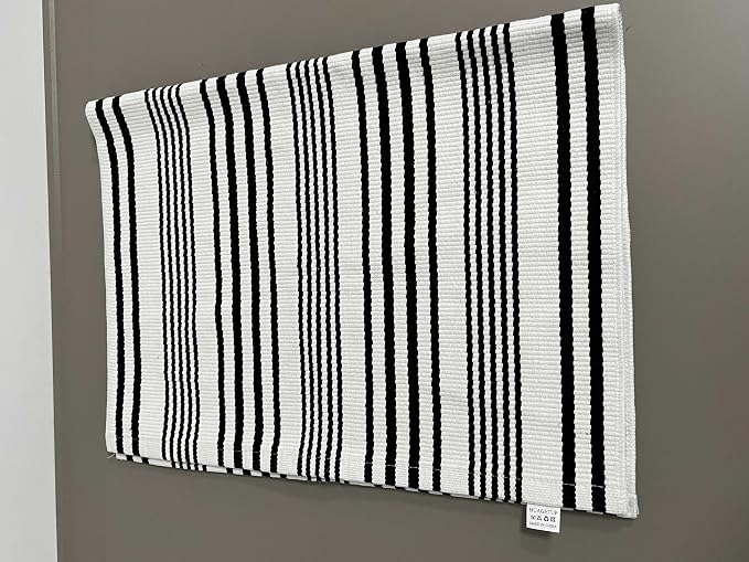 BUAGETUP Black and White Layered Doormat,27.5x43.3inch Striped Outdoor Rug Hand Woven Cotton Indoor Outdoor Rug for Porch Layered