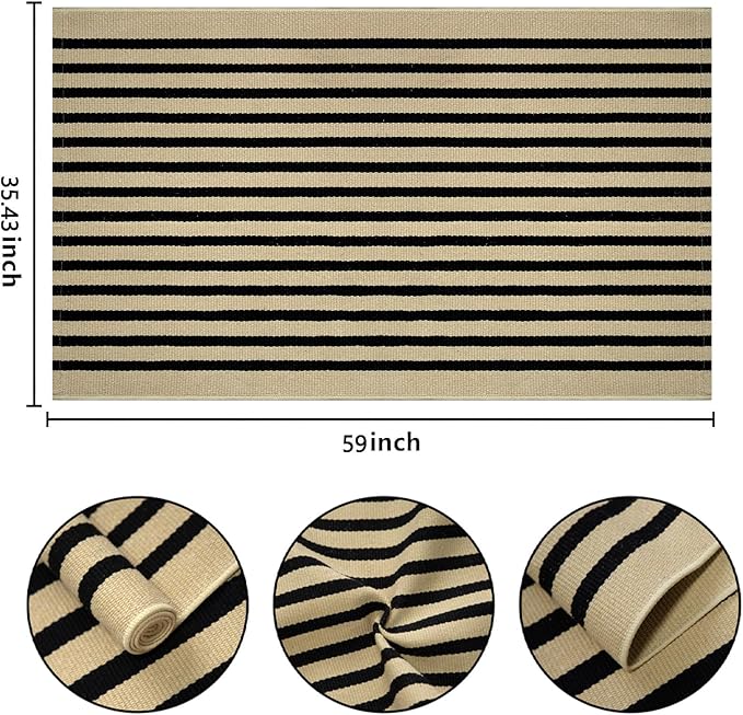 BUAGETUP Outdoor Rug 3'x 5',Black and Khaki Striped Porch Rug Cotton Woven Washable Rug Indoor/Outdoor Area Rug Floor Mat for Farmhouse Living Room Bedroom