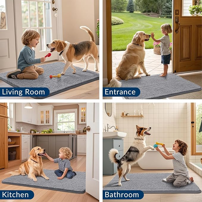 Smiry Dog Door Mat for Muddy Paws 70x24, Absorbent Dirt Trapper, Non-Slip Washable Chenille Entryway Rug for Inside Floor, Grey, Classic Solid