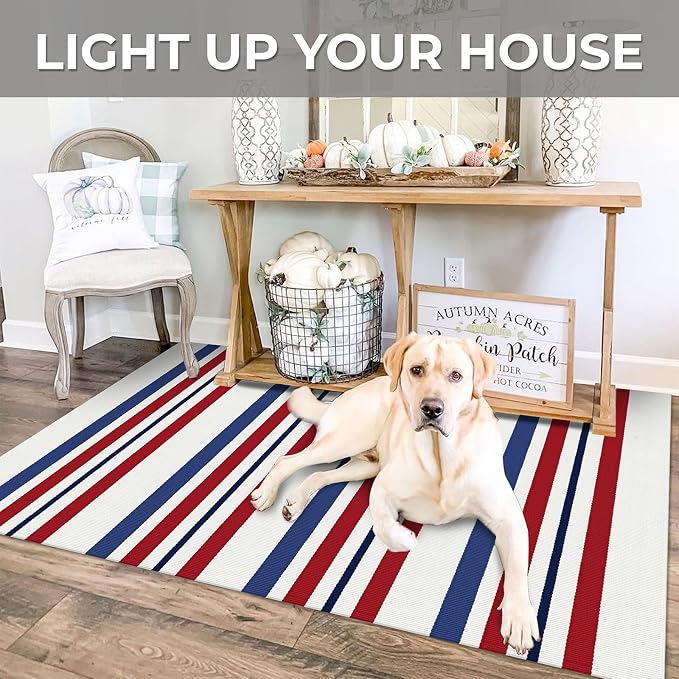 IOHOUZE 3'x5' Red White Blue Front Door Rug, USA 250th Anniversary Patriotic Doormat, Washable Front Porch Welcome Mat for Memorial Day, 4th of July, and Independence Day Entrance Outdoors Decor