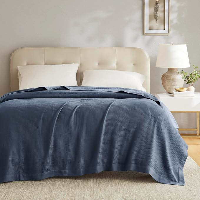 Madison Park 100% Egyptian Cotton Summer Blanket Full Queen Size Navy Blue | Cozy Soft Breathable Durable, Waffle Weave Woven Casual, Lightweight Knit All Season Throw for Bed Couch or Sofa, OEKO TEX