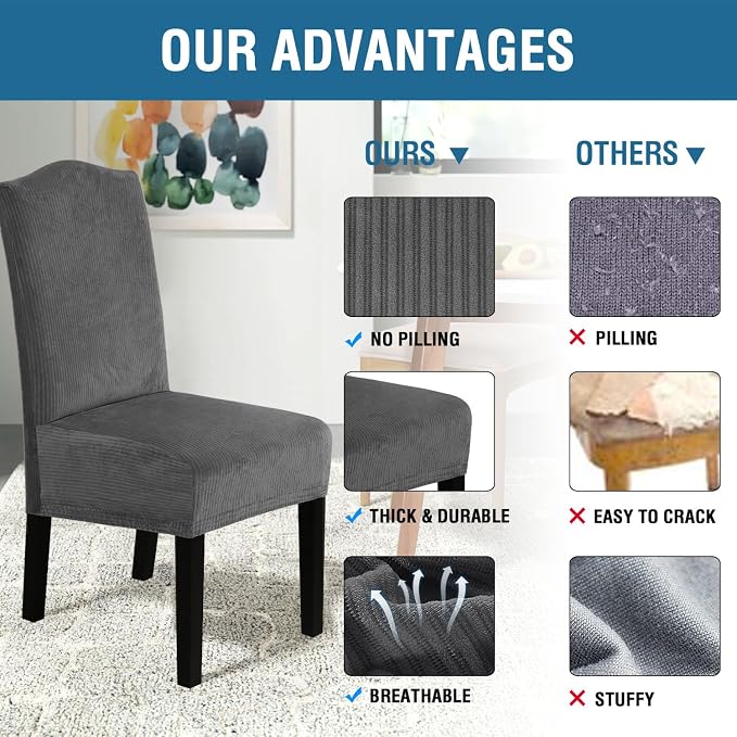 H.VERSAILTEX Velvet Dining Chair Covers Stretch Chair Covers for Dining Room Set of 6 Parson Chair Slipcovers Chair Protectors Covers Dining, Soft Thick Solid Velvet Fabric Washable, Grey Striped