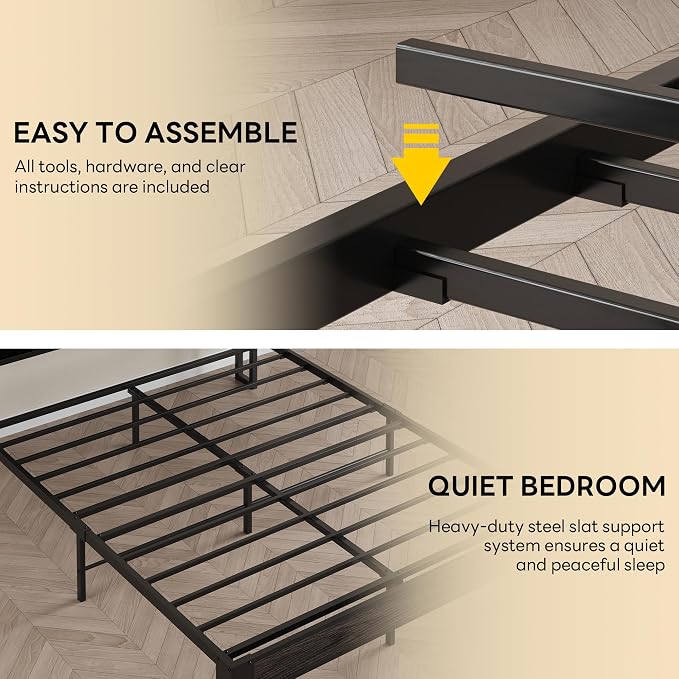 LIKIMIO Full Size Bed Frame, PU Leather Storage Headboard with Charging Station, Solid and Stable, Noise Free, No Box Spring Needed, Easy Assembly, Black