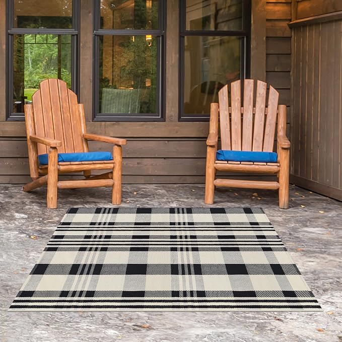 Buffalo Plaid Rug 3x5 Cotton Woven Buffalo Check Area Rug Black and Off White Front Porch Doormat Checkered Outdoor Carpet Washable Indoor Outdoor Layered Door Mats for Entryway Kitchen Farmhouse
