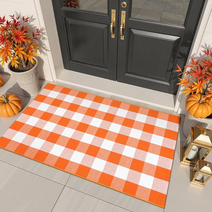 Collive 3x5 Buffalo Plaid Checkered Outdoor Rug, White and Orange Halloween Fall Decor Door Mat, Washable Front Doormat Outside Entrance, Layered Welcome Mat Porch Cotton Area Rugs for Entryway Patio