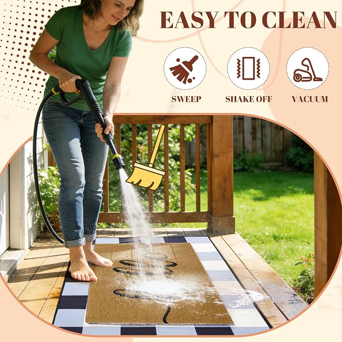 2pcs Layered Doormat Set, Welcome Door Mat for Outdoor Front Door, 16x24 PVC Coil & 24x32 Crystal Velvet Non-Slip Layering Entry Mats for Farmhouse Porch Decoration（Hello, Buffalo Plaid）