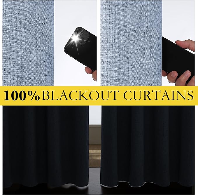 NICETOWN Stone Blue Vintage Linen 100% Blackout Curtains for Living Room, Thermal Insulated Curtains 84" Long, Noise Reducing Window Treatment Drapes for Dining Room, 62" Wide Per Panel, Set of 2