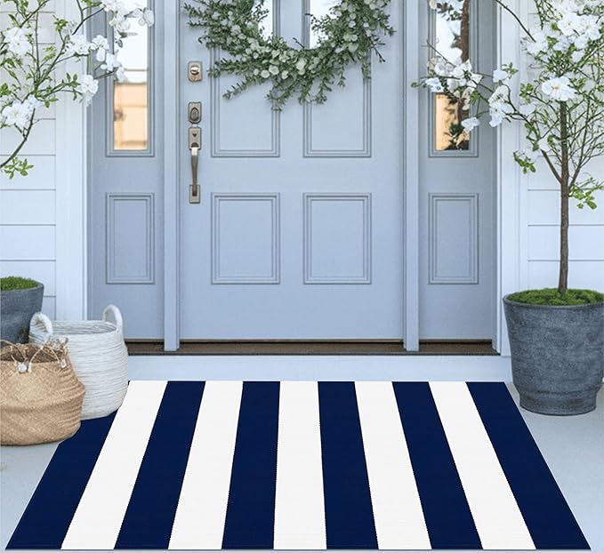 Blue and White Layered Doormat 2.3'x3.6,Machine Washable Porch Rug Cotton Woven Striped Farmhouse Small Area Rug for Porch/Home Entrace Decor/Bedroom/Layered Door Mats