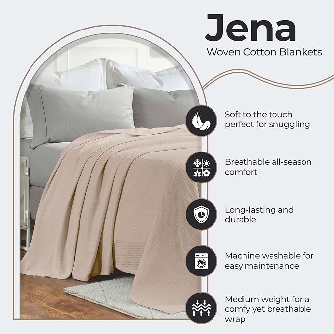 Superior JENA Cotton Blanket, for Picnic, Beach, Traveling or Camping, Bedroom Decor, Essentials, Cover for Bed, Couch, Lounging, Textured Jacquard, Modern Chevron Woven Blanket, Twin, Khaki