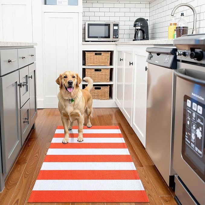 OLANLY Orange and White Striped Rug 2'4" x 3'7" (27.5" x 43") | Washable Cotton Indoor Outdoor Doormat for Front Door, Entryway, Kitchen, Porch, Patio Decor