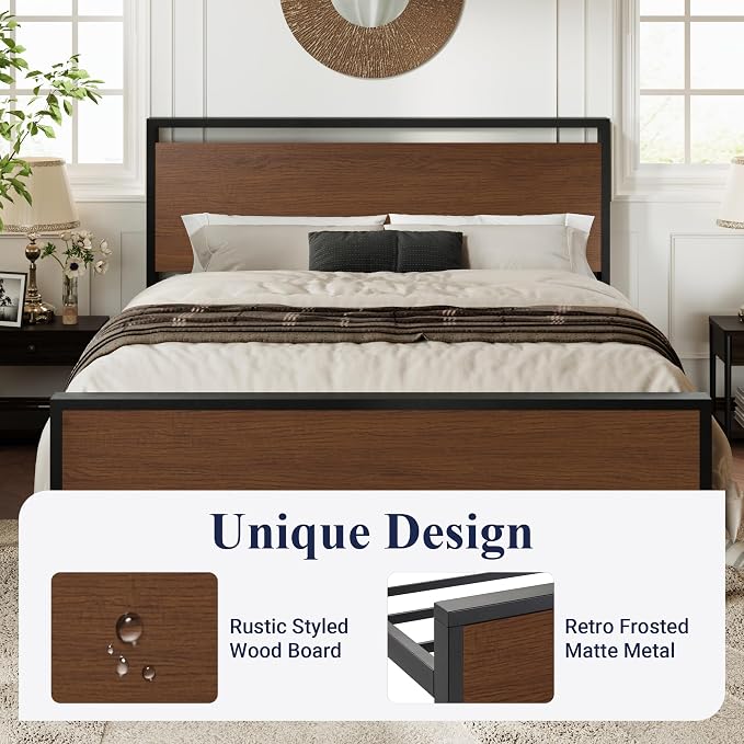 Allewie Queen Size Bed Frame, Heavy Duty 12 Metal Slats Support, Walnut | Wooden Headboard and Footboard, Modern Platform Bed, No Box Spring Needed, Under-Bed Storage, Noise Free, Easy Assembly