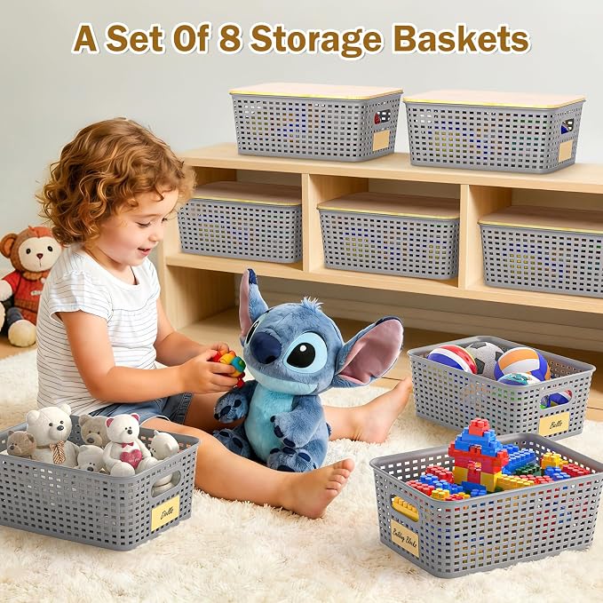 Stackable Storage Baskets: 8 Pack Plastic Baskets Bins, Gray | Decorative Baskets for Organizing, Pantry Decorative Containers for Closets, Cabinets, Shelves