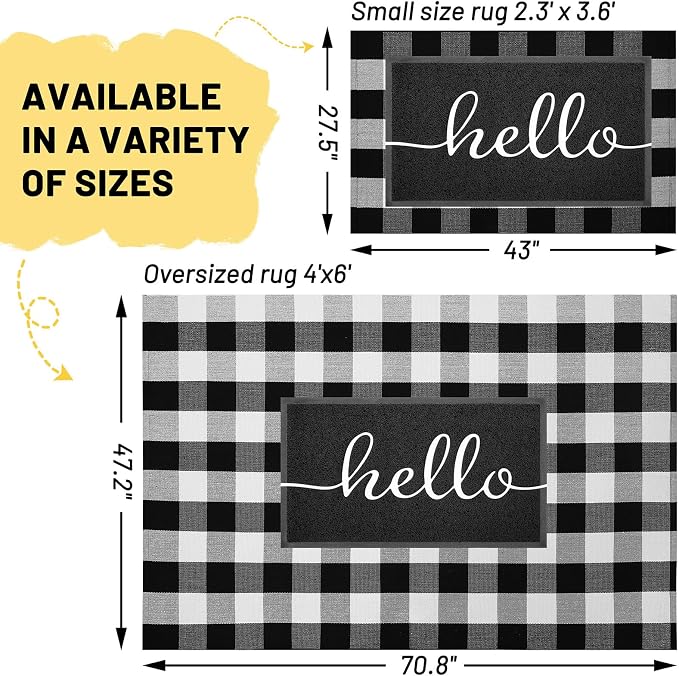 KILOCOCO Buffalo Plaid Checkered Rug 4x6 ft Black White Front Door Rug | Machine Washable Front Porch Rug, Outdoor Rugs, Indoor Living Room Rug, Cotton Low Pile Rugs for Kitchen Patio Dining Room