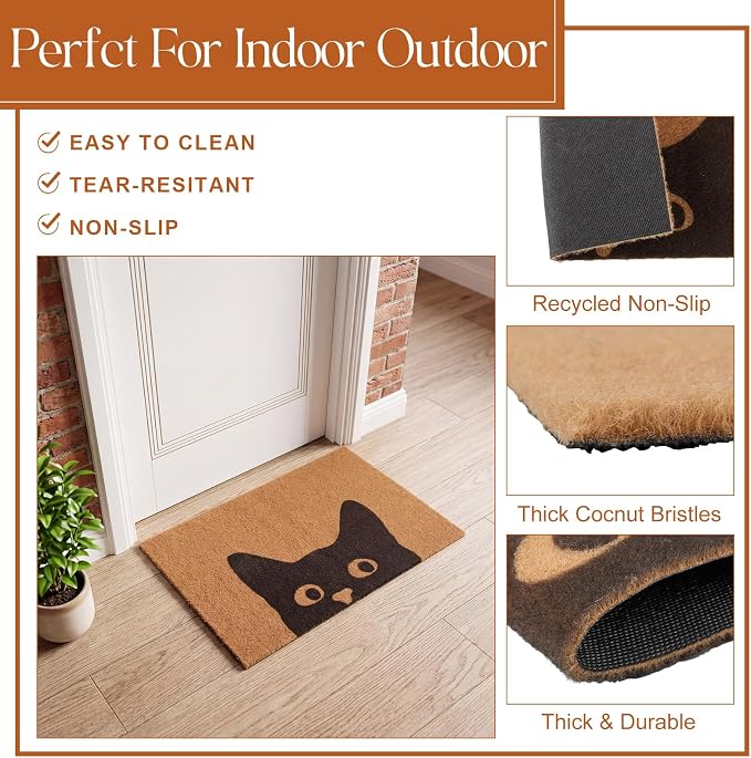 2 Pcs Outdoor Door Mat Combo Set Layered Outdoor Rug and Coir Welcome Doormat Non Slip Outside Floor Mat for Front Porch Entryway Patio Yard Decor(Cat,24'' X 51',18'' X 28'')