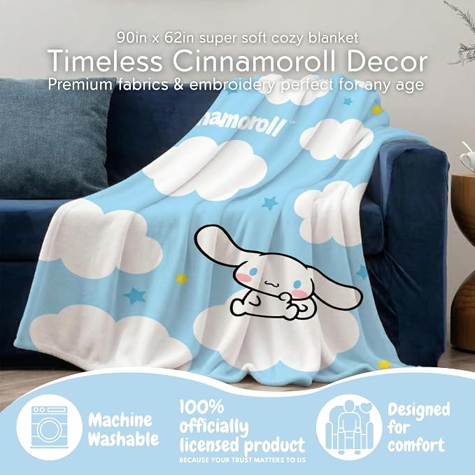 Franco Cinnamoroll Bedding Super Soft Cozy Blanket, 62 in x 90 in, Kawaii Collectible Gift, (Officially Licensed Product)