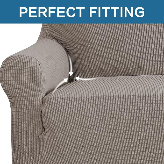 H.VERSAILTEX Stretch Couch Covers for Sofa 1 Piece Slipcovers for Couches and Sofas 3 Seater Couch Cover Feature Thick Checked Jacquard Fabric with Elastic Bottom(Large Sofa 90"-100" Wide, Taupe)