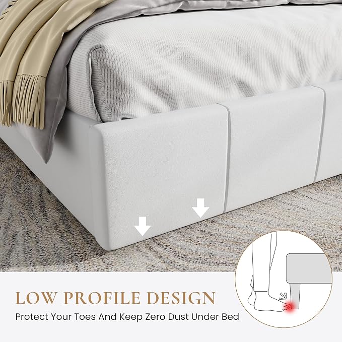 SHA CERLIN Queen Bed Frame, Velvet Upholstered Platform Bed Frame, Vertical Channel Tufted Adjustable Headboard, Low Profile Bed Frame, No Box Spring Needed, Easy Assembly, White