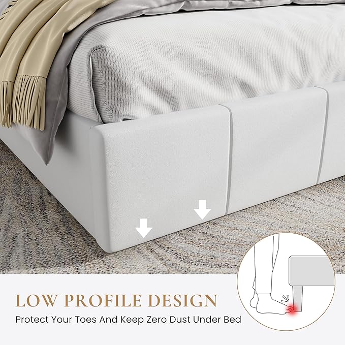 SHA CERLIN King Size Bed Frame, Velvet Upholstered Platform Bed, Vertical Channel Tufted Adjustable Headboard, Low Profile Bed Frame, No Box Spring Needed, Easy Assembly, White