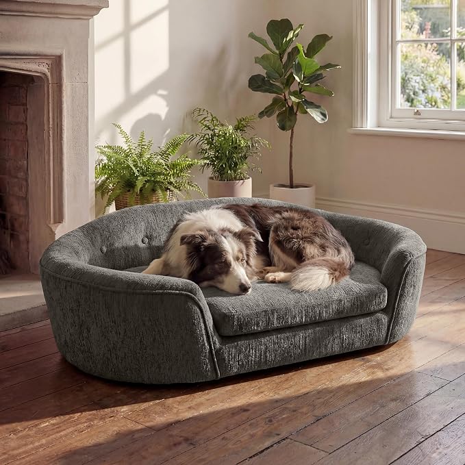 Dog Couch Bed with Oval Semi-Enclosed, Durable Linen Material Pet Sofa Couch with Soft Foam Cushion, Dog Sofa Bed with Legs for Medium Dogs, Dark Grey