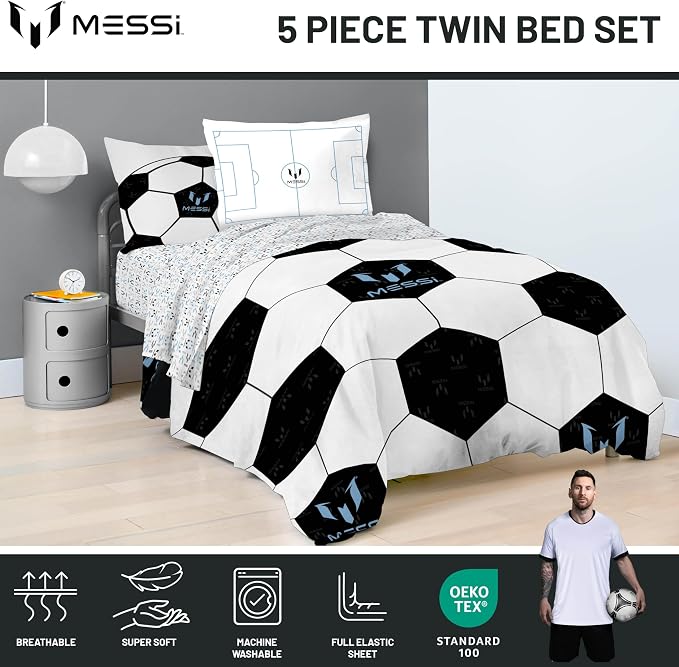 Messi Twin Comforter Set 5 Piece Kids Sports Bedding for Boys, White | Bed in a Bag, Comforter Sheets Sham Pillowcase, Official Brand, Soft Microfiber, Machine Washable, Easy Care, Boys Gift